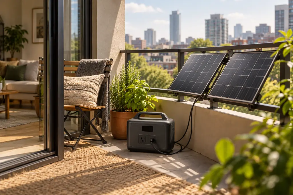 Two solar panels on an apartment balcony railing, wired to a portable power station on the balcony floor