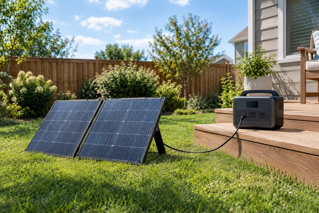 Two folding solar panels on a backyard lawn, cabled to a portable power station on the deck step