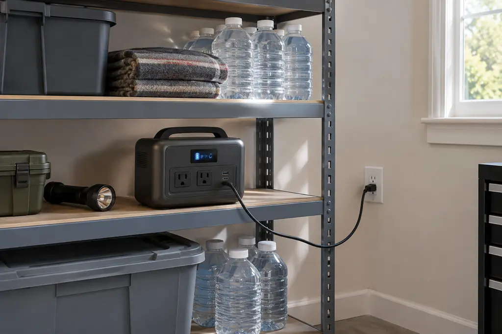 A portable power station on a garage shelf, plugged into a wall outlet, next to a flashlight, a blanket and bottled water