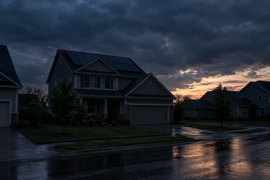A two-story suburban house with rooftop solar panels, dark like every other house on the street after a storm