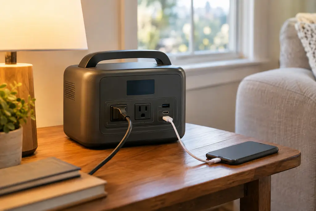 A portable power station on a side table with a lamp plugged into its AC outlet and a phone charging from its USB-C port