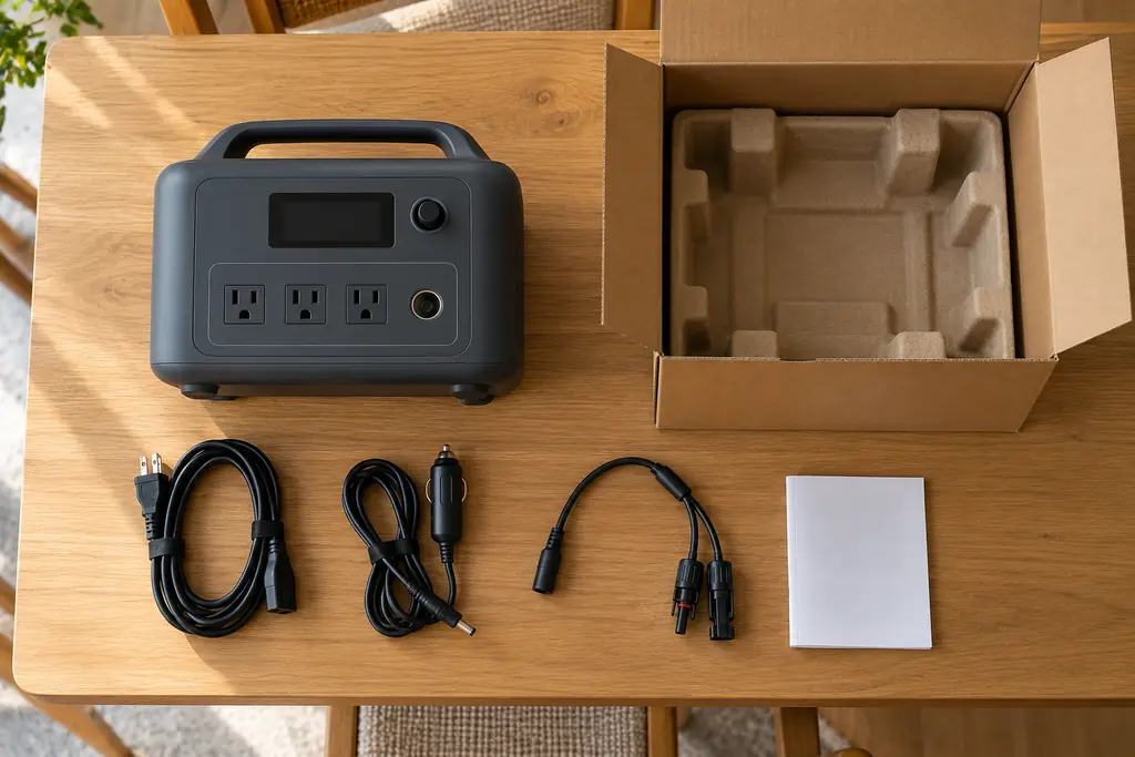 A power station laid out on a table with its AC charging cable, car charging cable, solar adapter cable and manual next to its open box