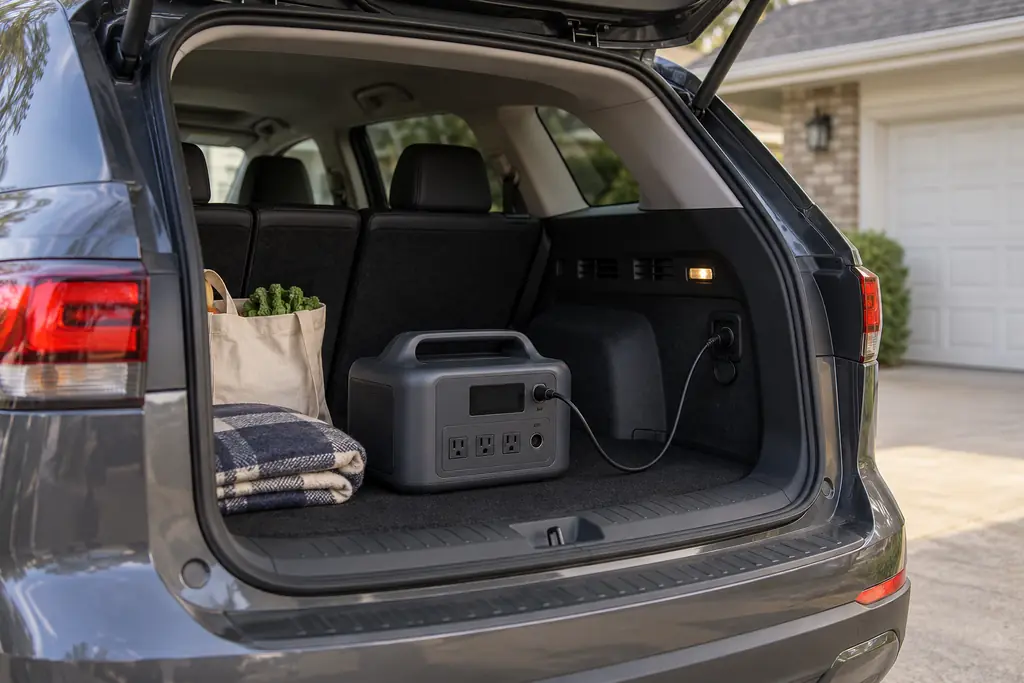 A portable power station in the open cargo area of an SUV parked on a driveway, charging from the car's 12 V socket
