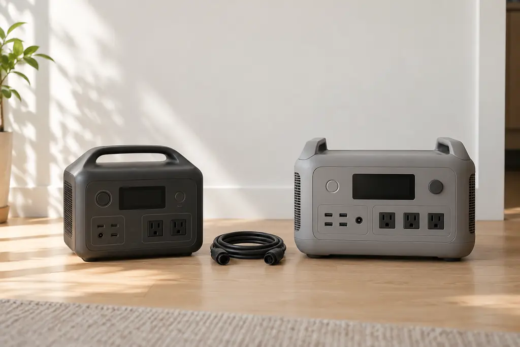 Two portable power stations of different sizes side by side on a wooden floor, with a coiled charging cable between them