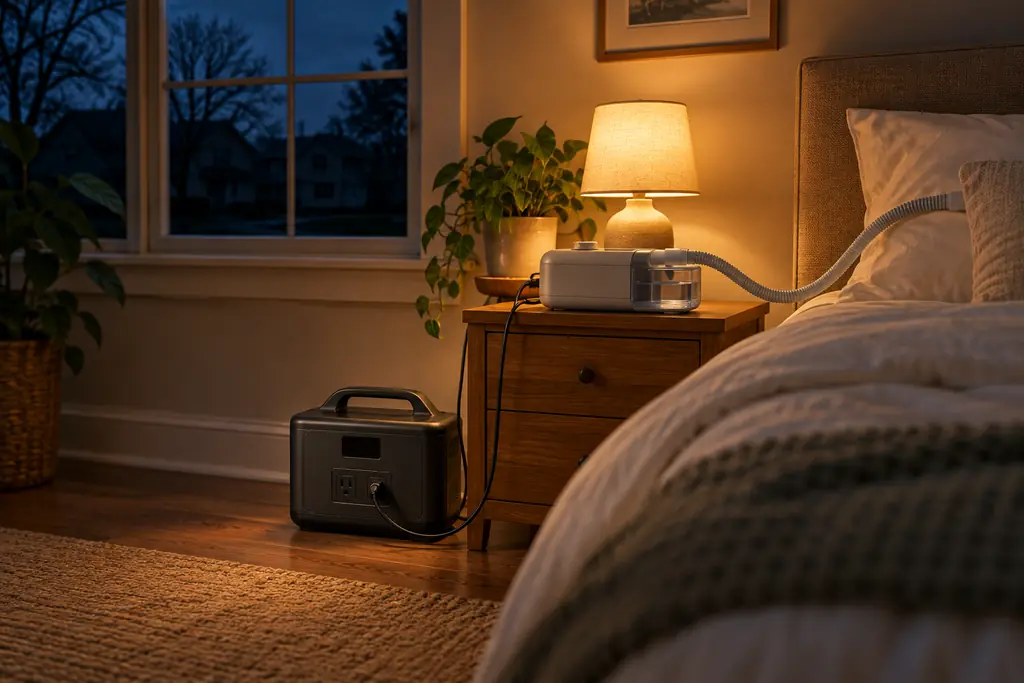 A CPAP machine on a bedside table, plugged into a portable power station on the floor, with a lamp on and dark houses outside the window