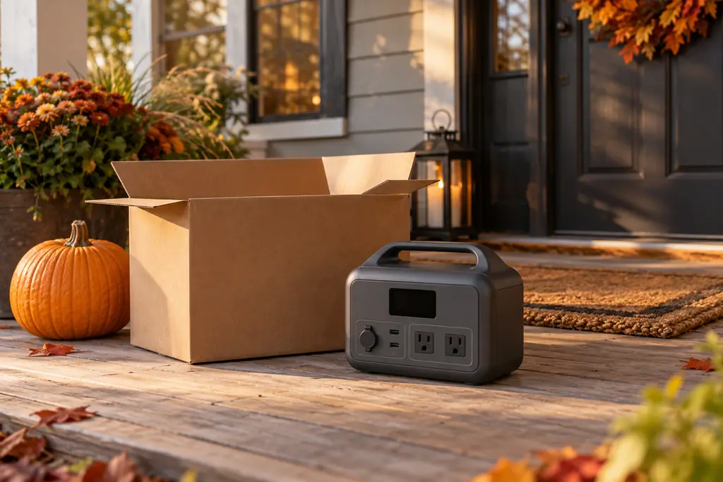 An unboxed portable power station on an autumn front porch next to its open cardboard box and a pumpkin