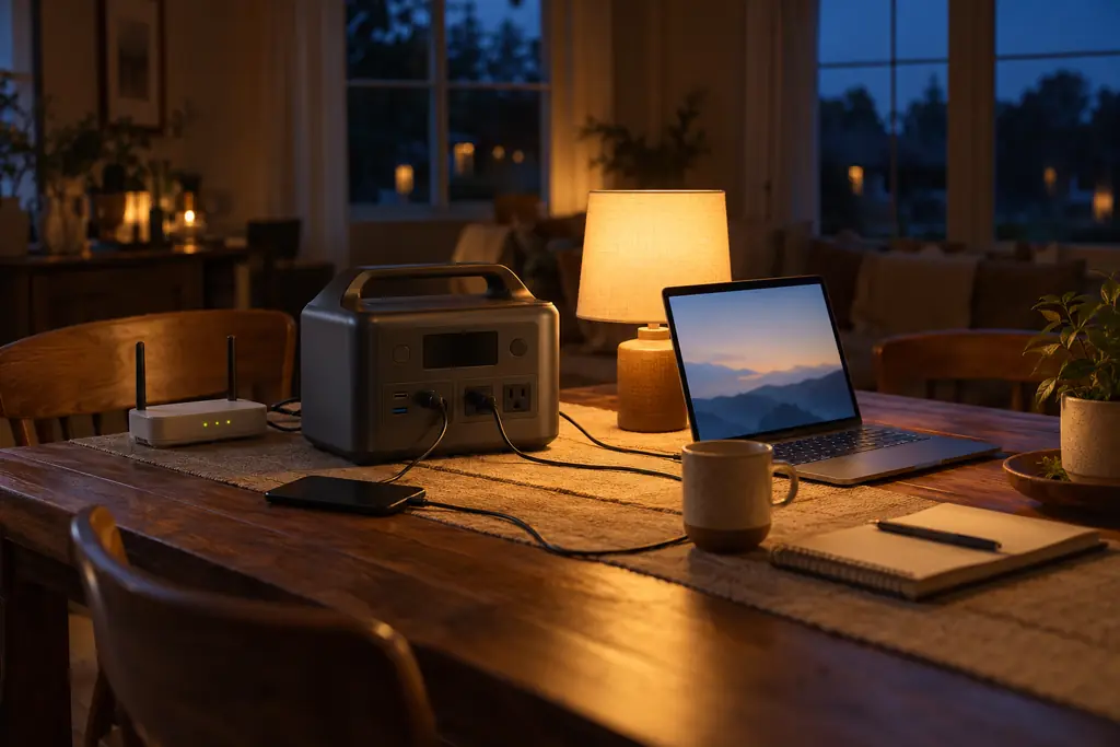 A portable power station on a dining table running a Wi-Fi router, a laptop, a table lamp and a phone charger in the evening