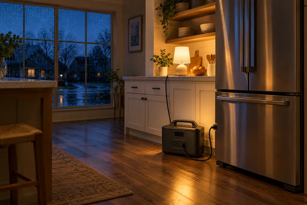 A portable power station on a kitchen floor keeping the fridge and a lamp running while the street outside is dark and rainy