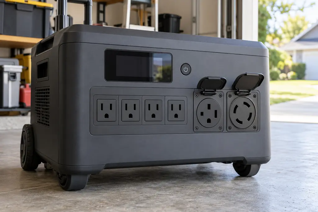 Front panel of a large home backup power station in a garage, with four household outlets, a 30 A RV-style outlet and a twist-lock 240 V outlet