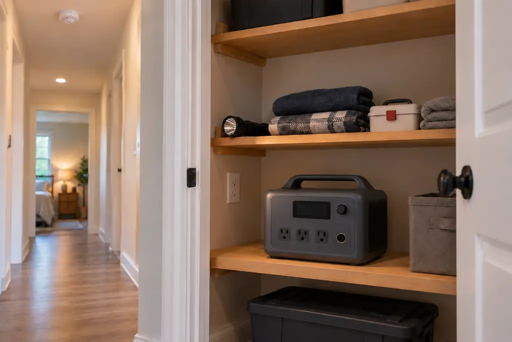 A portable power station stored unplugged on a low shelf in a dry hallway closet, with clear space around it and a smoke alarm in the hallway