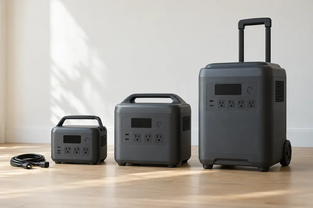 Three unbranded portable power stations of increasing size on a wooden floor: a small lunchbox-size unit, a medium unit with a carry handle and a large wheeled home-backup unit