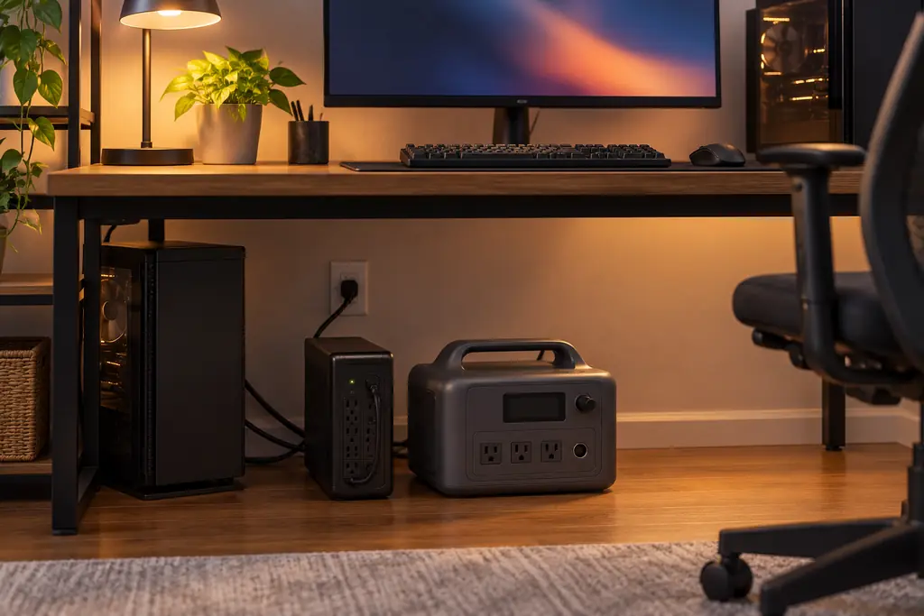 A small computer UPS and a portable power station side by side under a home office desk, with the computer plugged into the UPS