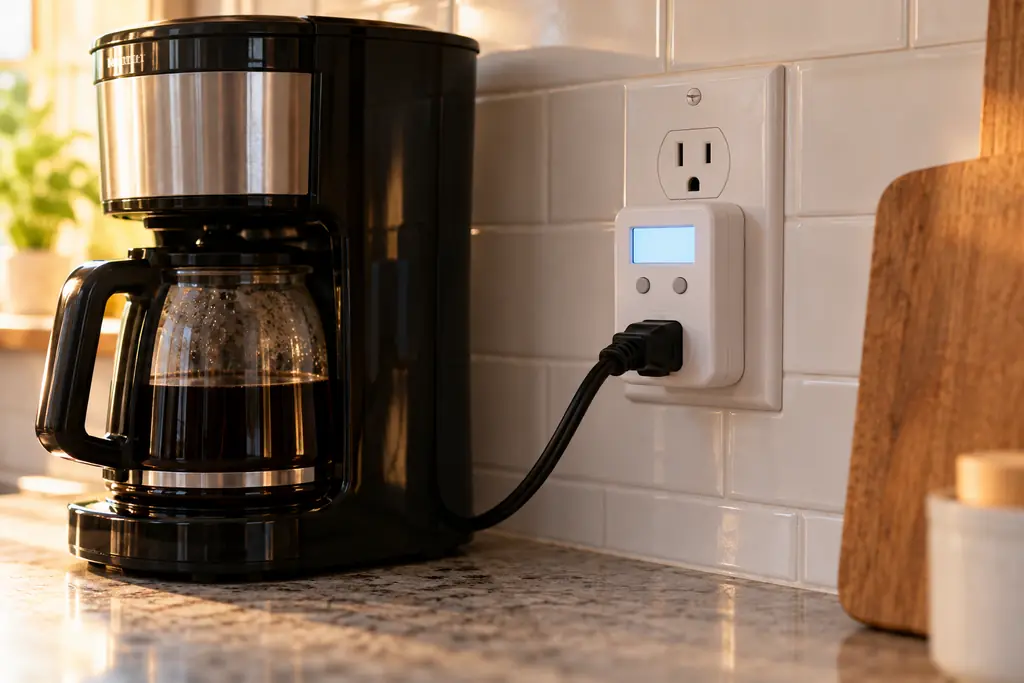A plug-in electricity usage meter in a kitchen wall outlet, with a coffee maker plugged into it to measure how much power it draws
