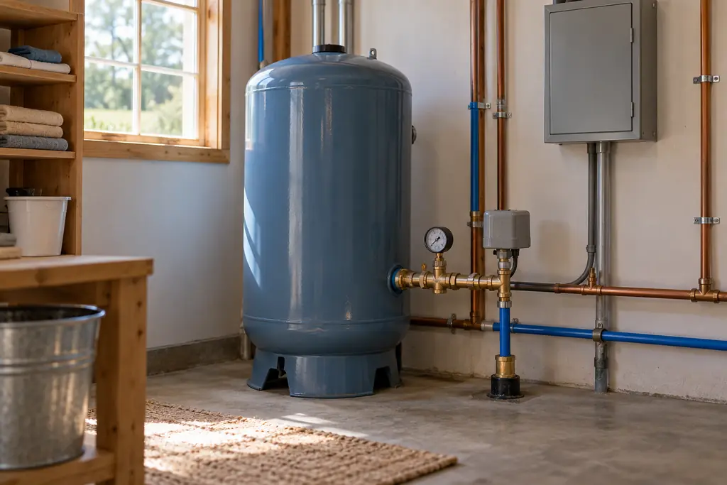 A well pressure tank with a pressure gauge, pressure switch and copper and plastic pipes in a tidy utility room